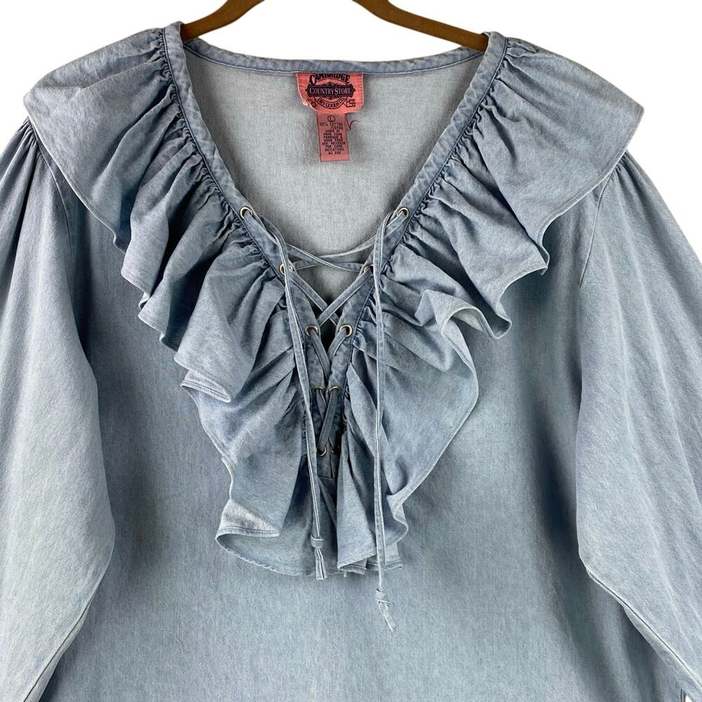 Vintage Chambray Poet Artist Blouse Size L Blue Southwest Western Country Drama - Picture 2 of 7